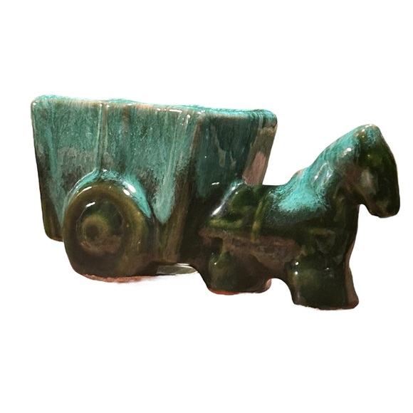 Vintage Blue Studio Pottery Horse & Wagon miniature planter or Toothpick Holder - Picture 3 of 7